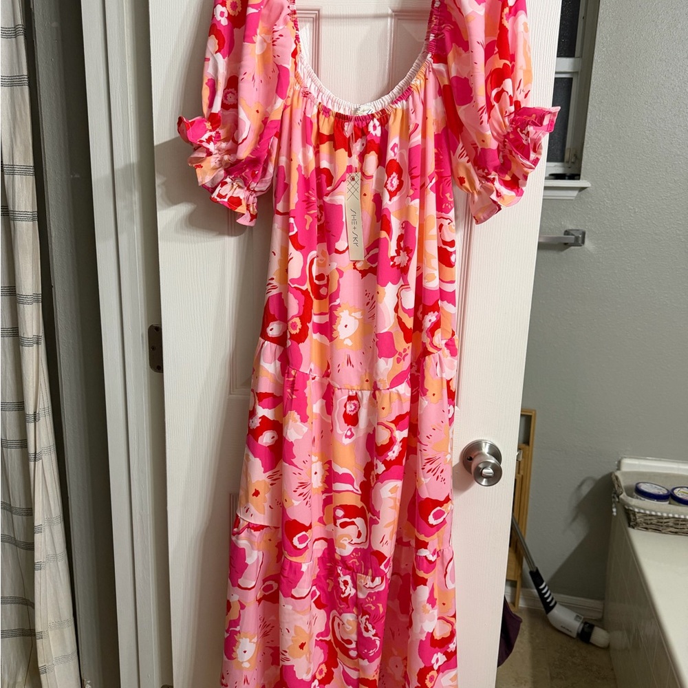 She and Sky Pink and Red Floral Maxi Dress